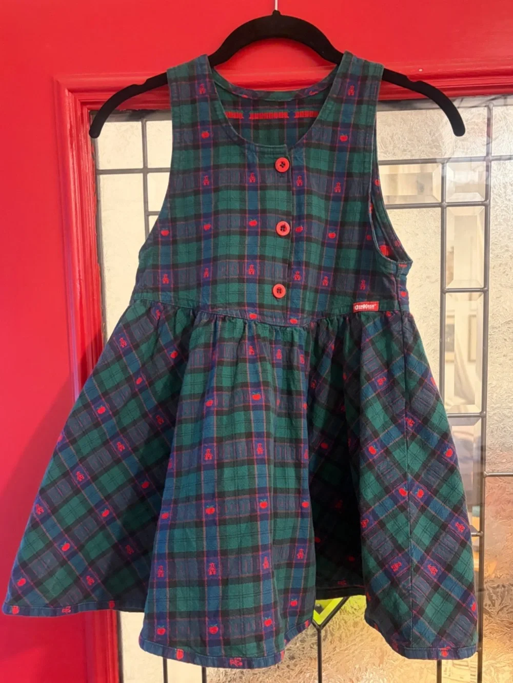 Vintage OshKosh Bgosh Green Plaid Sleeveless Girls Dress with Red Buttons - Picture 10 of 15